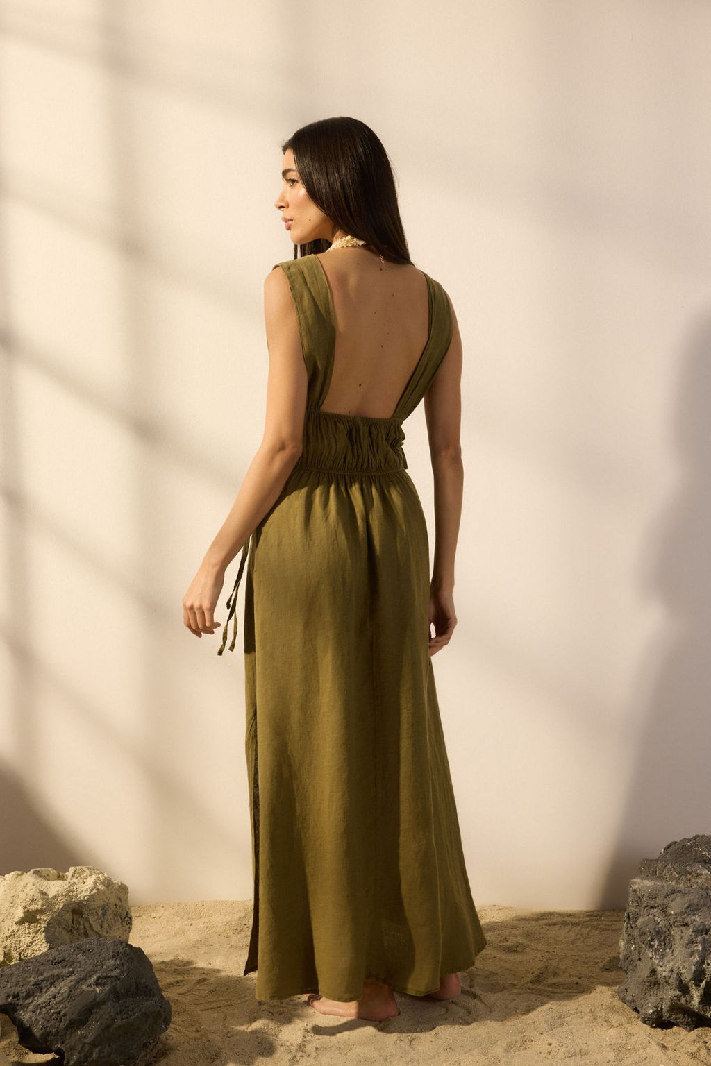 Trendyolmilla Haki Maxi Dokuma %100 Keten Buzgu Detayl? Plaj Elbisesi TBESS25EL00105 фото 4