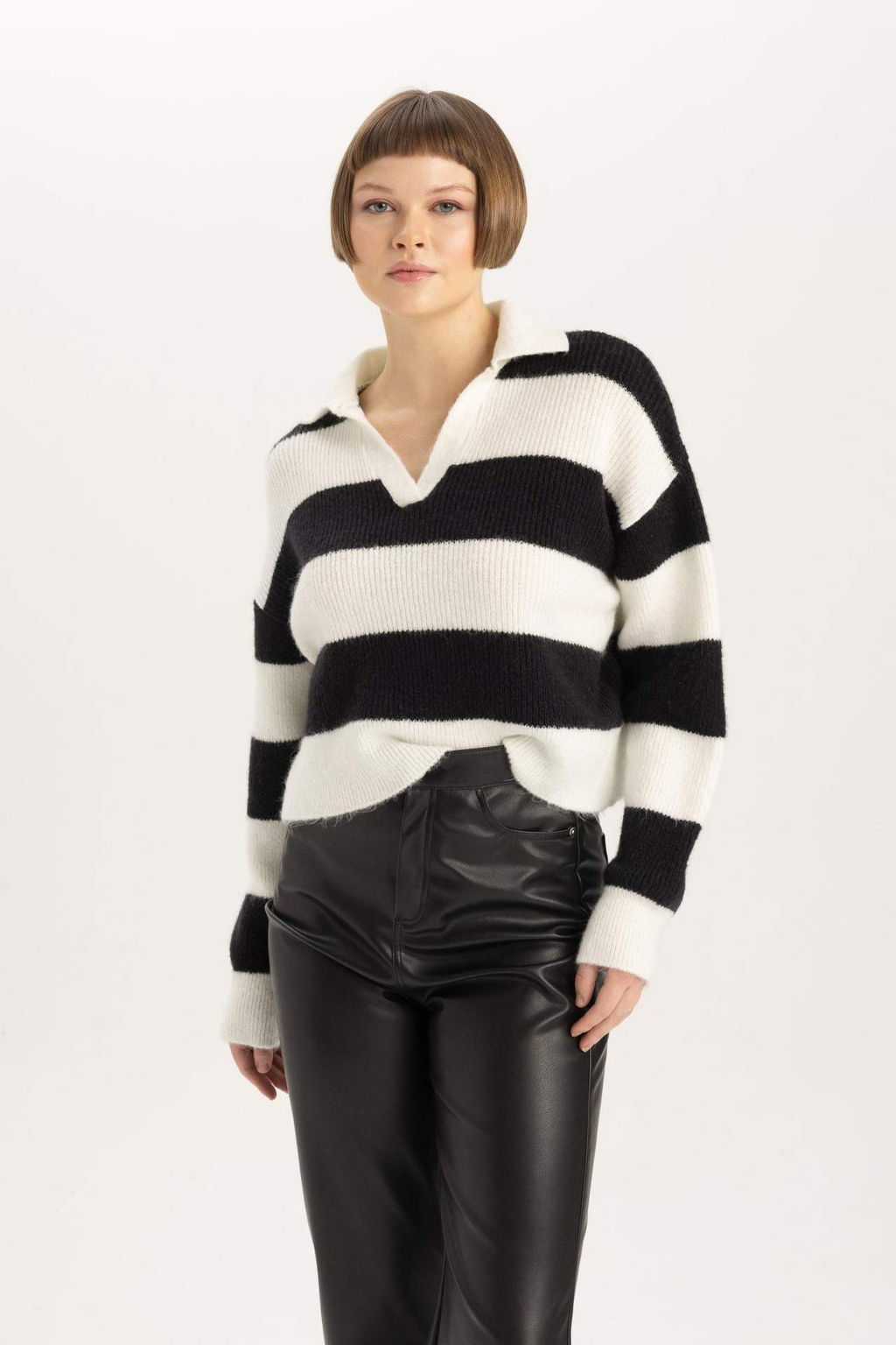 Relax Fit Polo Yaka Cizgili Selanik Kumas Triko Kazak - Defacto фото 2