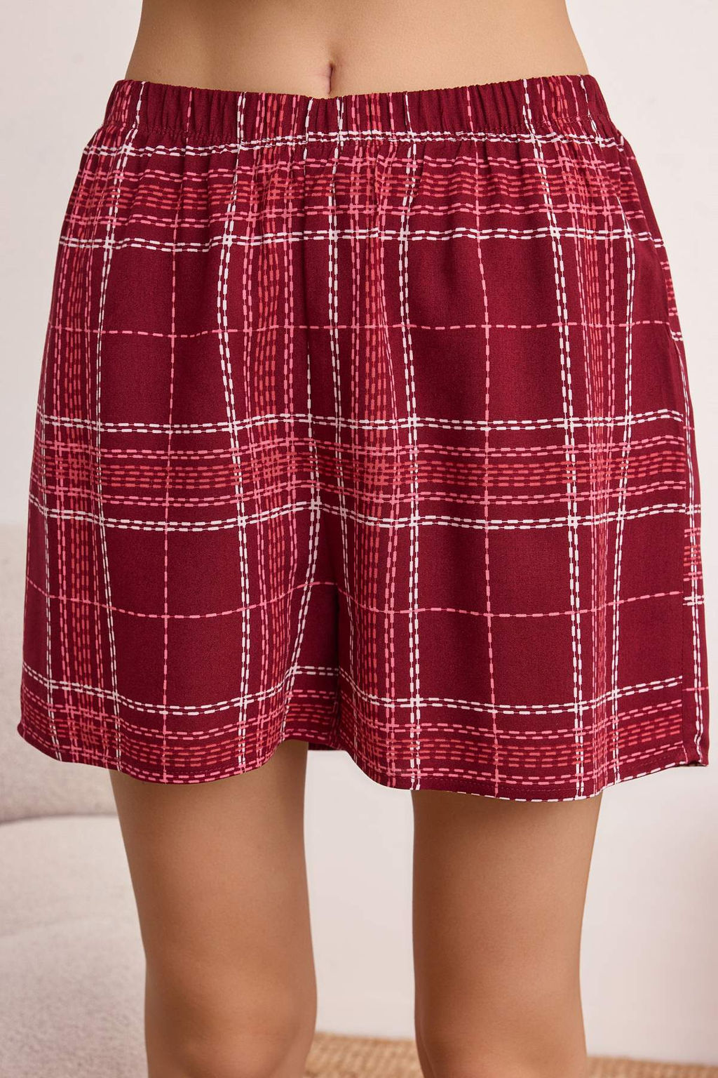 Ekru-Bordo Ekose / Kareli Shally Dokuma Pijama Tak?m? THMSS26PT00130 - Trendyolmilla фото 3