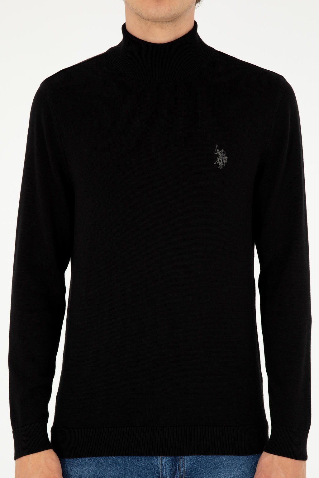 Erkek Slim Fit Yar_m Bo_azl_ Siyah Basic Kazak