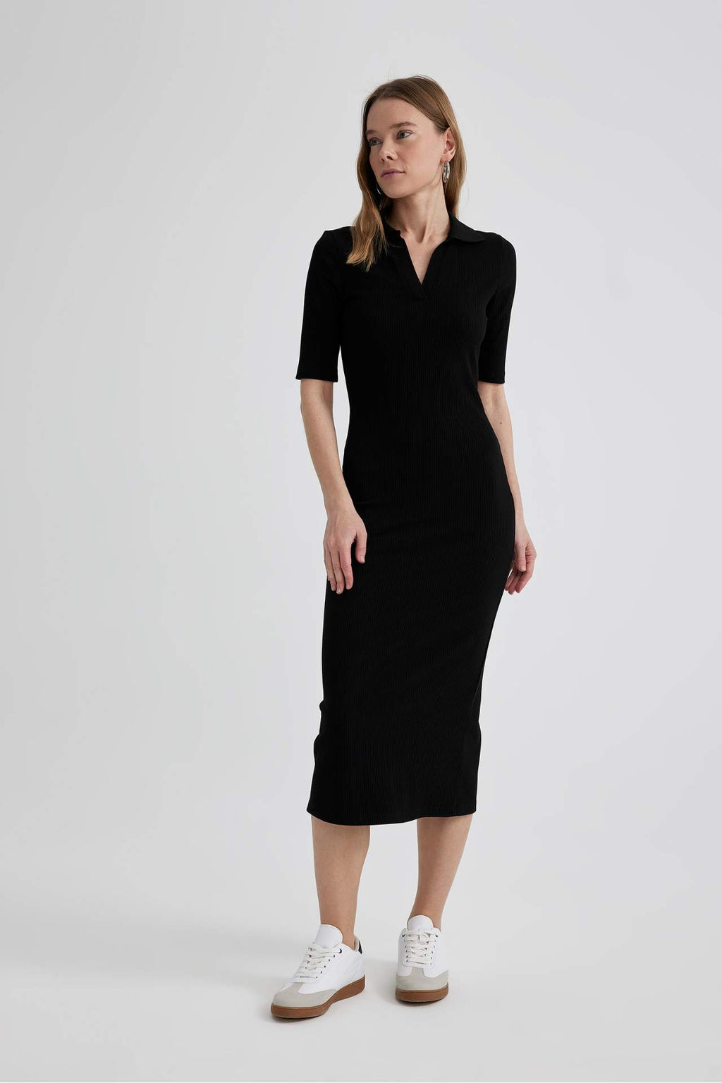Bodycon Polo Yaka Vucuda Oturan Basic Duz Fitilli Kaskorse K?sa Kollu Midi Elbise - Defacto фото 2