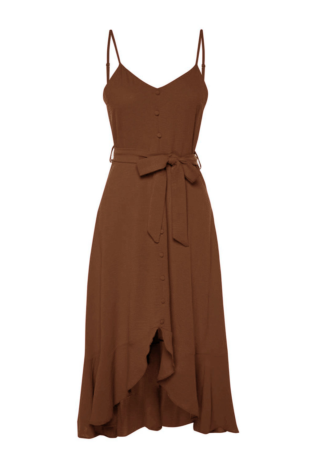 Kahverengi Kusakl? A-Kesim Volanl? Dugme Detayl? Dokuma Maxi Elbise TWOSS23EL02271