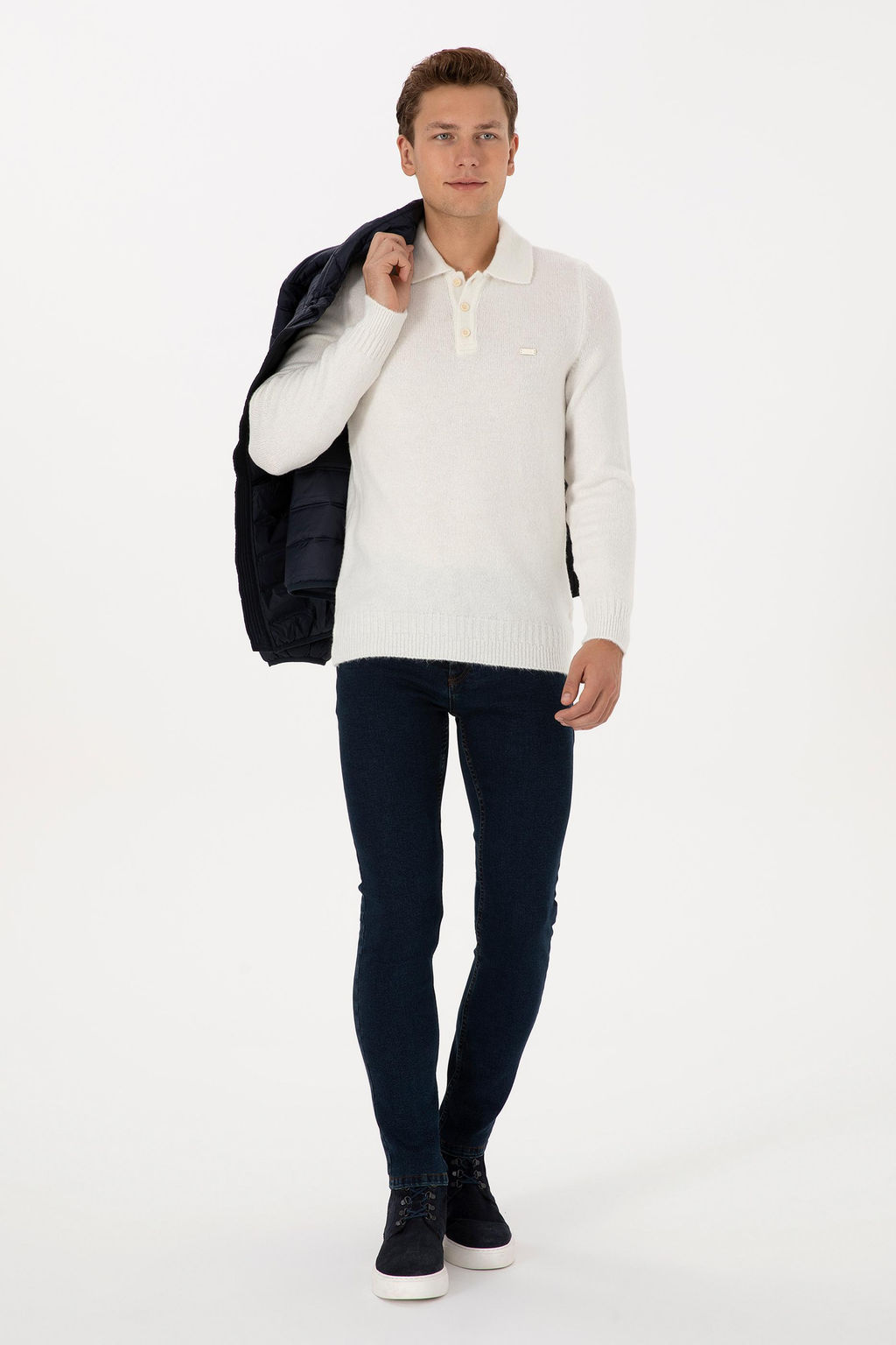 Erkek Regular Fit Polo Yaka Krem Kazak