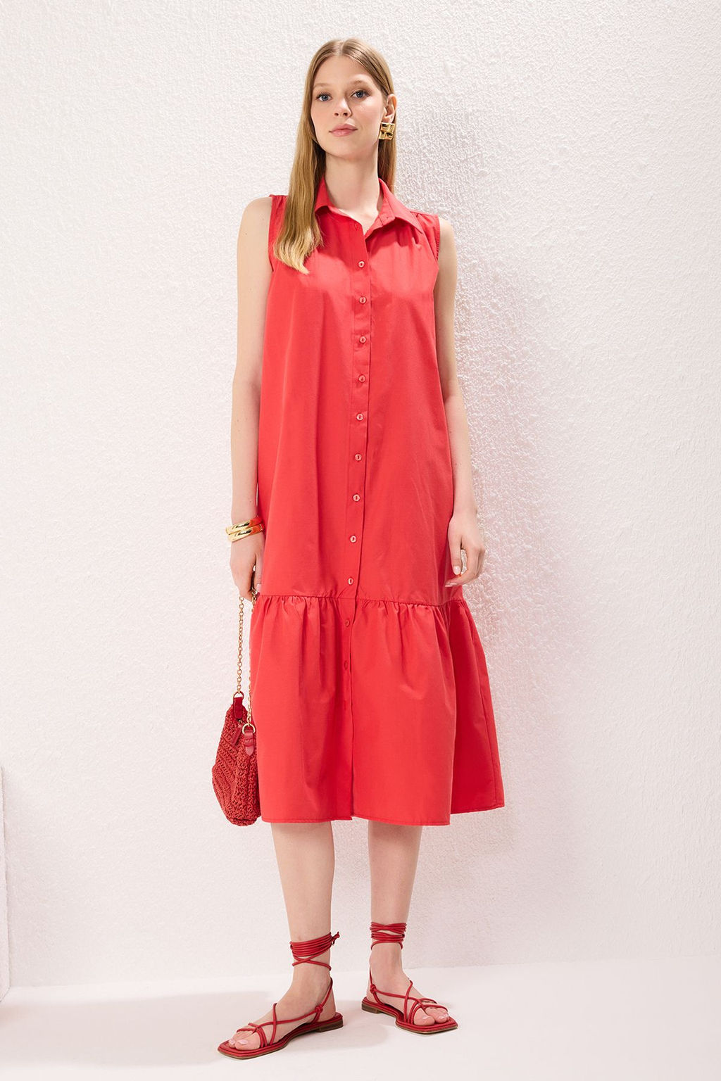 Nar Cicegi Duz Kesim Dugme Detayl? Midi Dokuma Gomlek Elbise TWOSS25EL00439 - Trendyolmilla фото 2