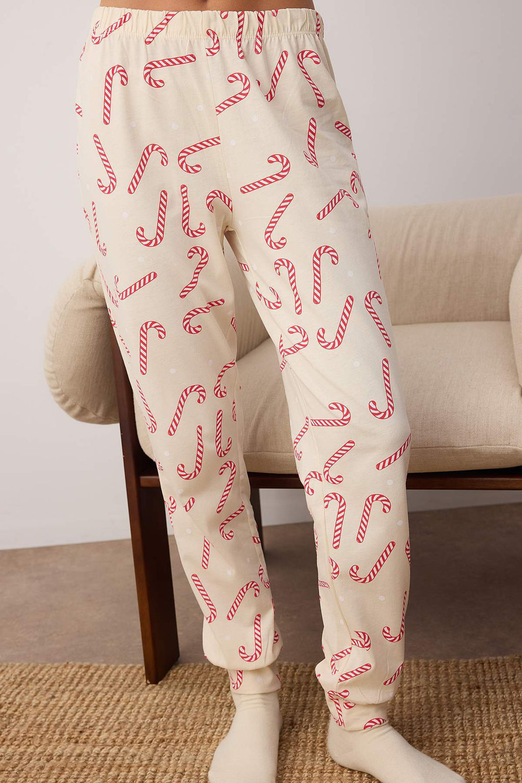 Bej %100 Pamuklu Y?lbas? Temal? Orme Pijama Tak?m? THMAW21PT0771