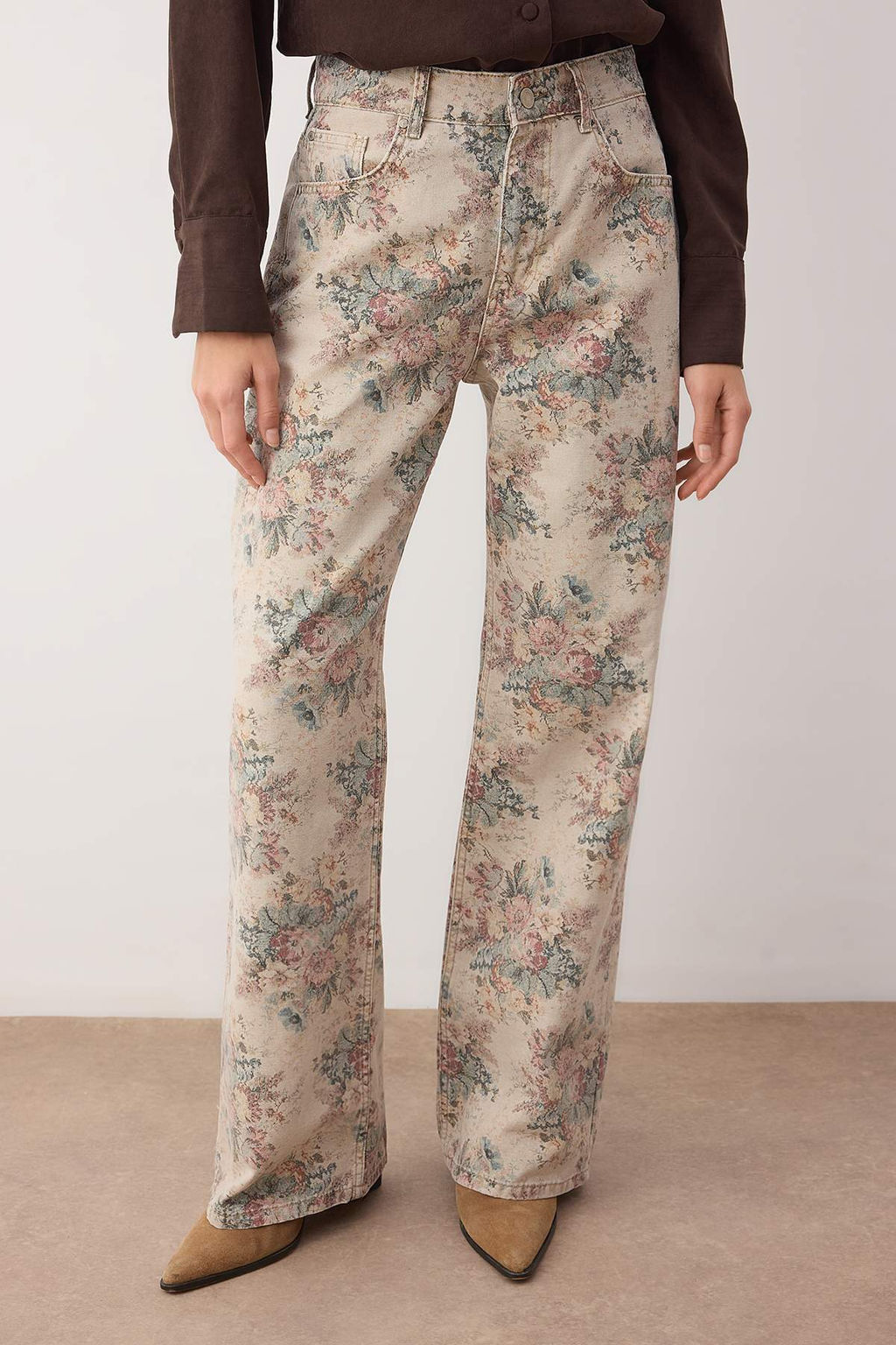 Cok Renkli Cicek Desenli Yuksek Bel Wide Leg Jeans TWOAW26JE00246 - Trendyolmilla фото 3