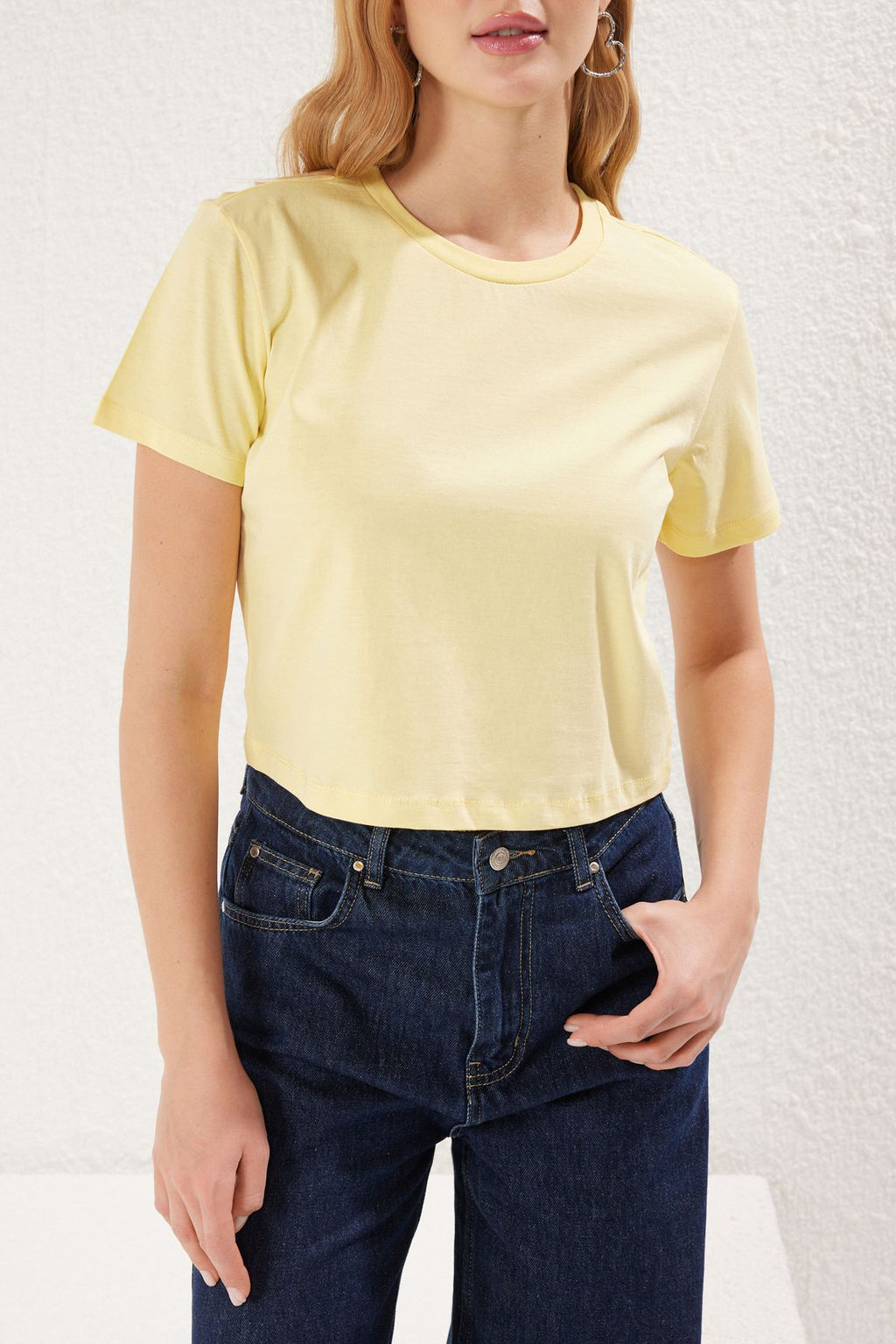 Bordo-Ac?k Sar? 2li Paket %100 Pamuk Crop Bisiklet Yaka Orme T-Shirt TWOSS20TS1480