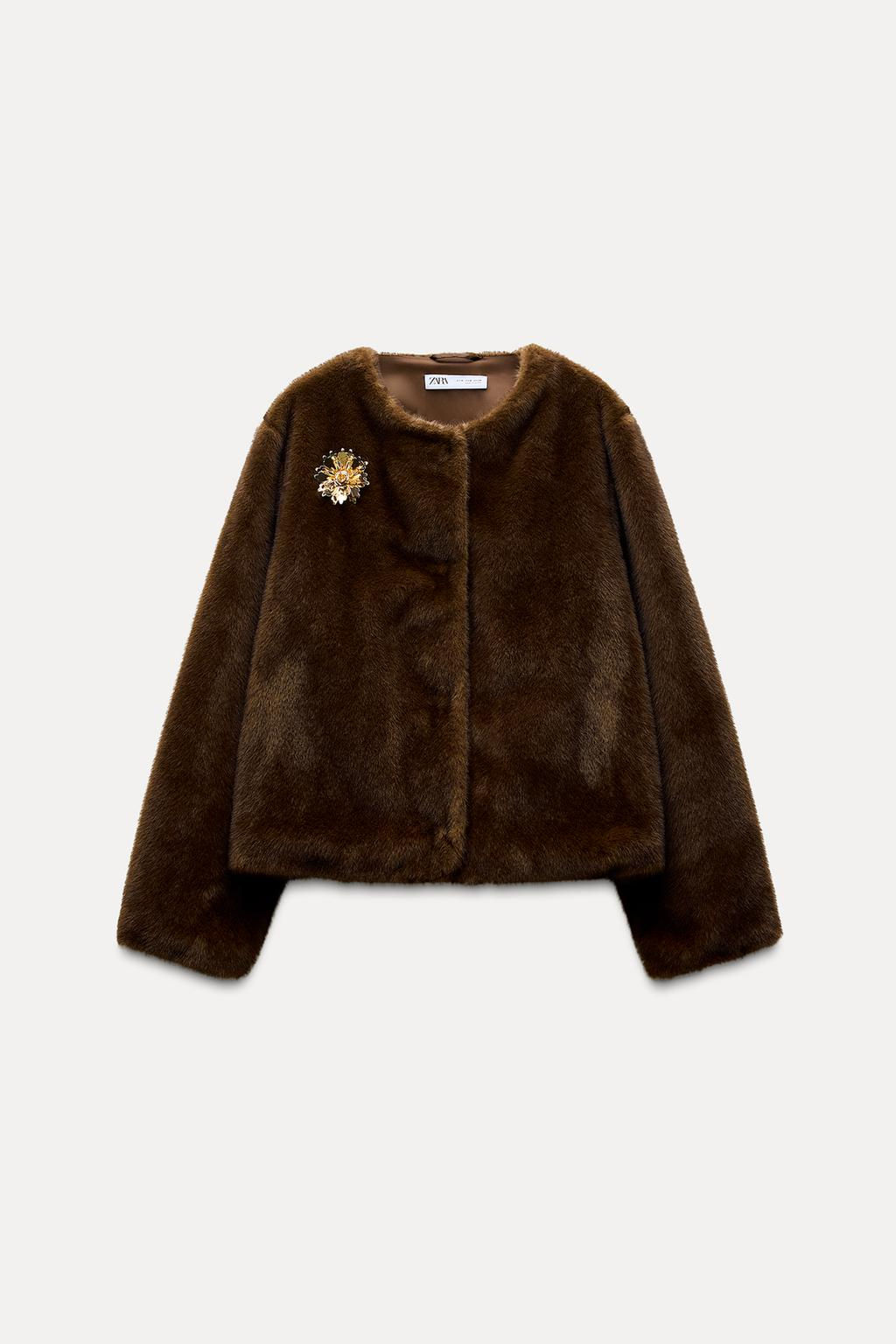FAUX FUR BROOCH JACKET - Zara фото 3