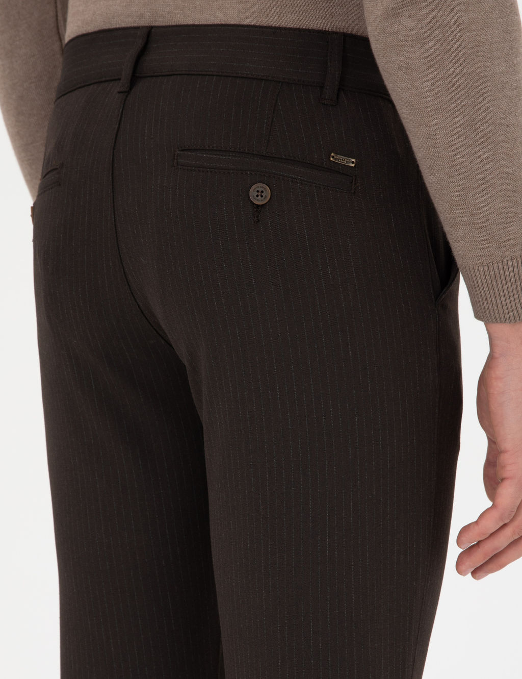 Kahverengi Slim Fit _izgili Kanvas Pantolon