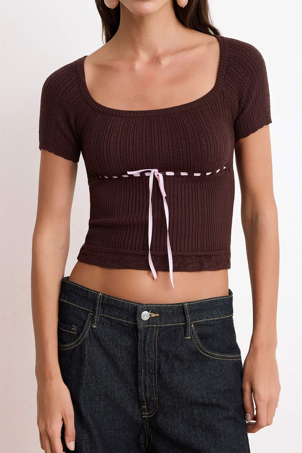 Trendyolmilla Ekru Premium Iplik/Ozel Iplik Kurdele Detayl? Kare Yaka Triko Bluz TWOSS25BZ00182  фото 15