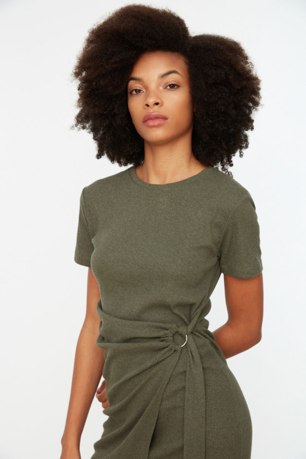 Haki Baglama Detayl? Bisiklet Yaka Triko Gorunumlu Mini Orme Elbise TWOSS22EL0751