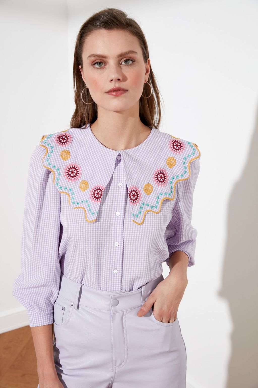 TRENDYOLMILLA Yesil Nak?s Detayl? Gofre Kumas Regular Normal Kal?p Dokuma Gomlek TWOSS21GO0232 фото 11