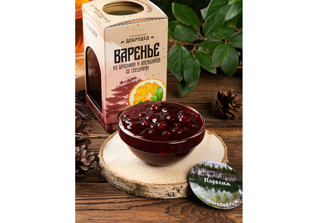 Варенье из Брусники с апельсином и пряностями баночка 300 г в коробочке с магнитиком