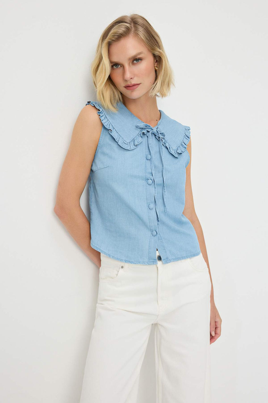 A__k Mavi Yaka Detayl_ Denim Bluz TWOSS26BZ00937