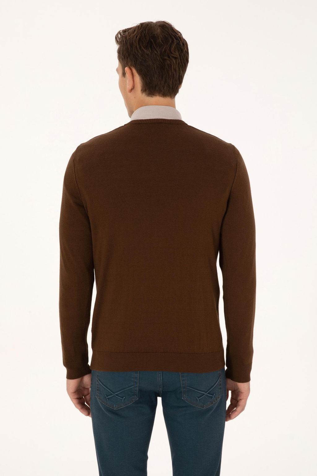 Erkek Slim Fit V Yaka Kahverengi Basic Triko Kazak - U.s. polo assn фото 5