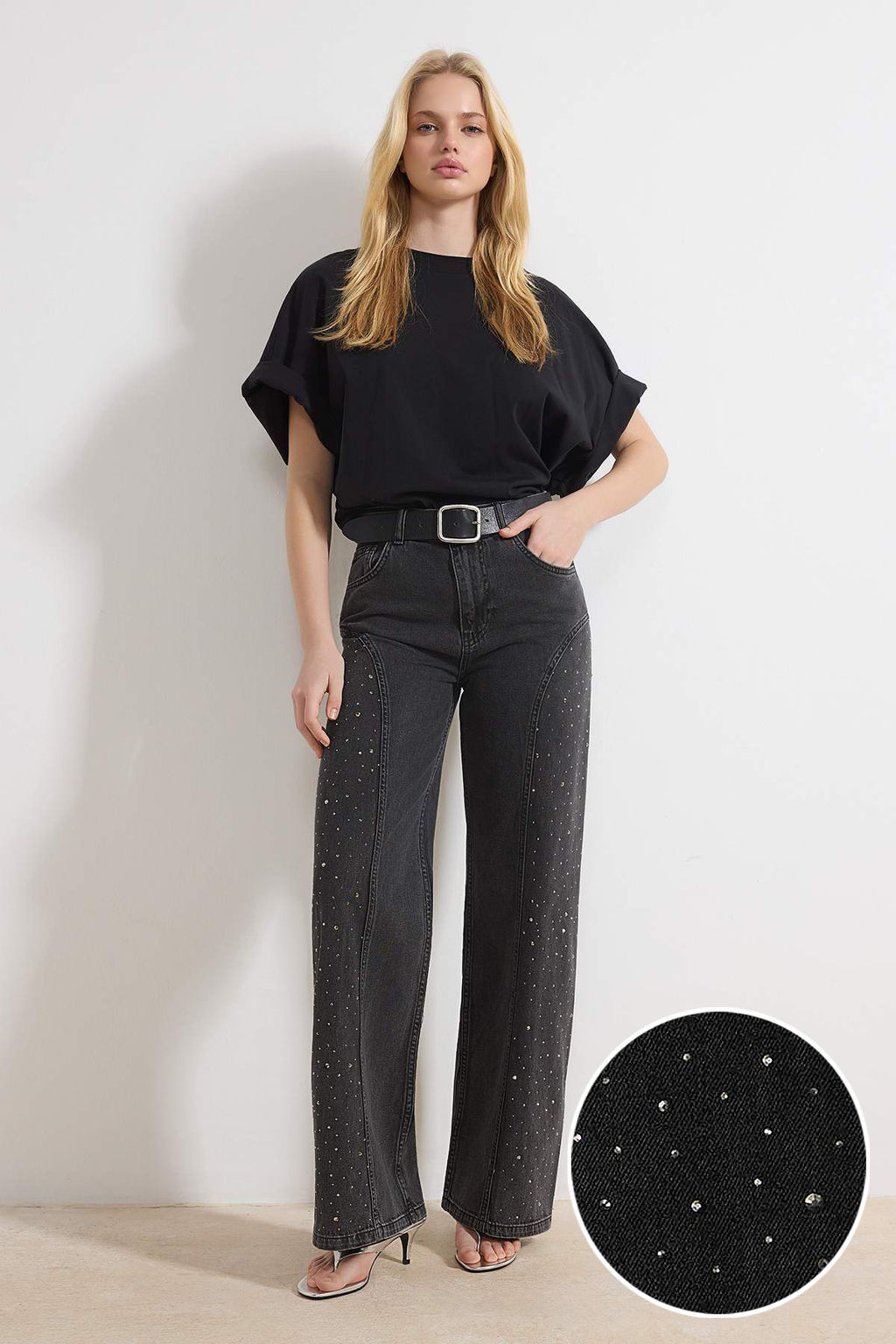 Siyah DOKUMLU Tasl? Dikis Detayl? Yuksek Bel %100 Pamuk Wide Leg Jeans TWOSS26JE00079 - Trendyolmilla фото 8