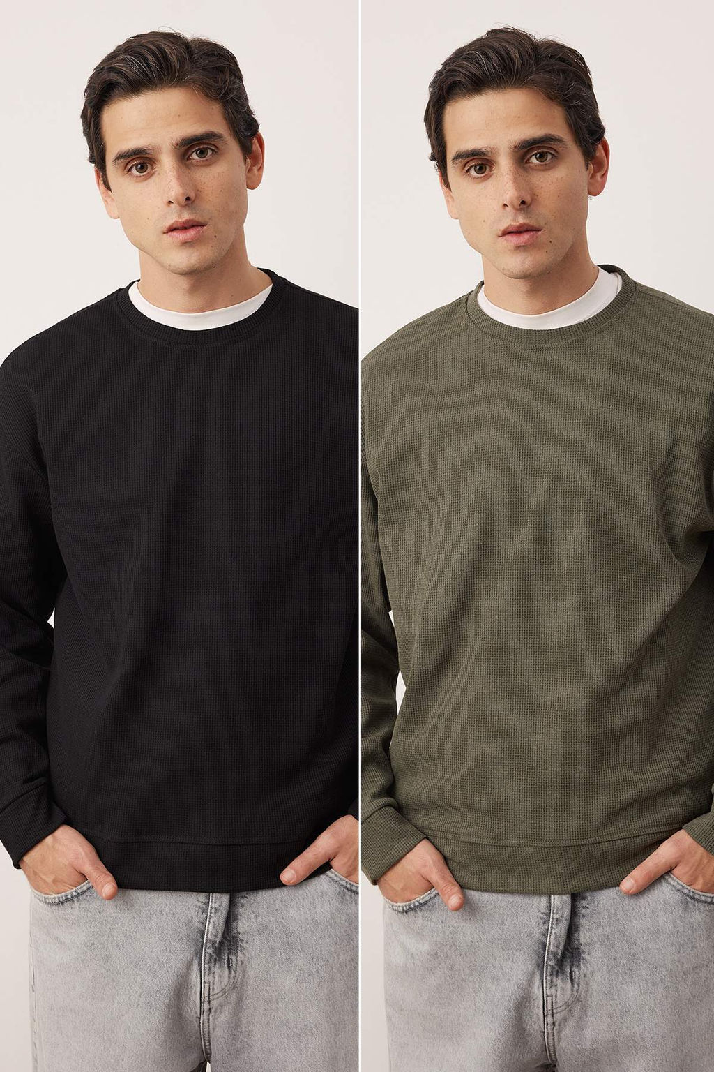 Siyah - Haki Yeni Oversize/Genis Kal?p 2li Paket Dokulu Waffle Sweatshirt TMNAW26SW00028