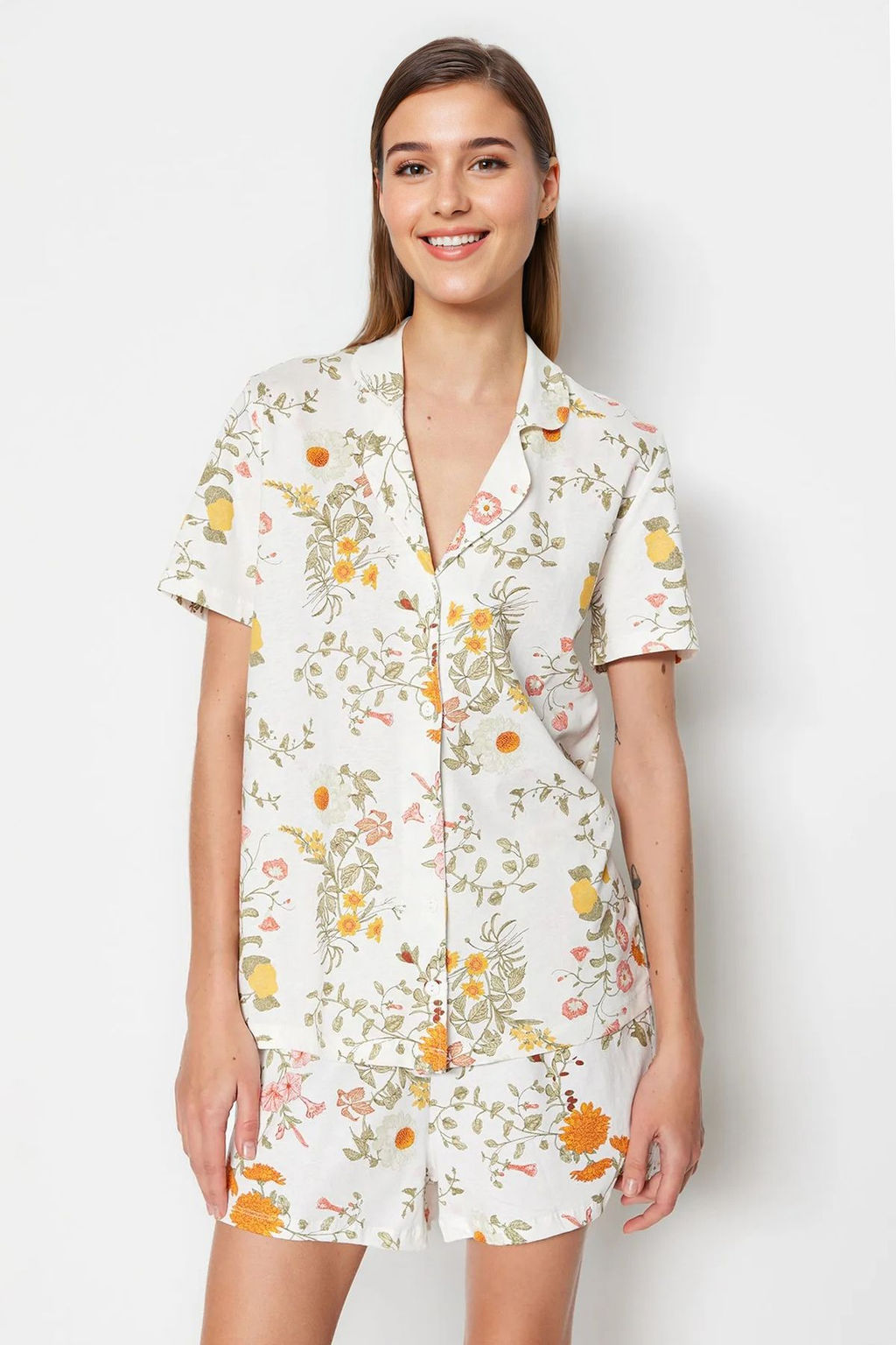 Cok Renkli %100 Pamuklu Cicek Desenli Sortlu Orme Pijama Tak?m? THMSS23PT00020