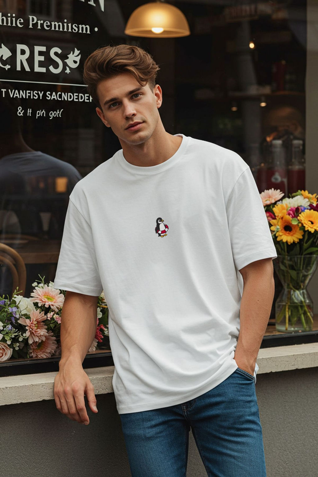 TRENDYOL MAN Ekru Oversize/Genis Kesim Penguen Nak?sl? %100 Pamuklu T-Shirt TMNSS23TS00243