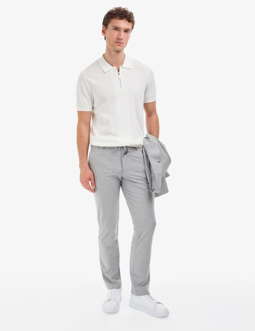 Ekru Slim Fit Polo Yaka Fermuarl_ Triko Ti__rt