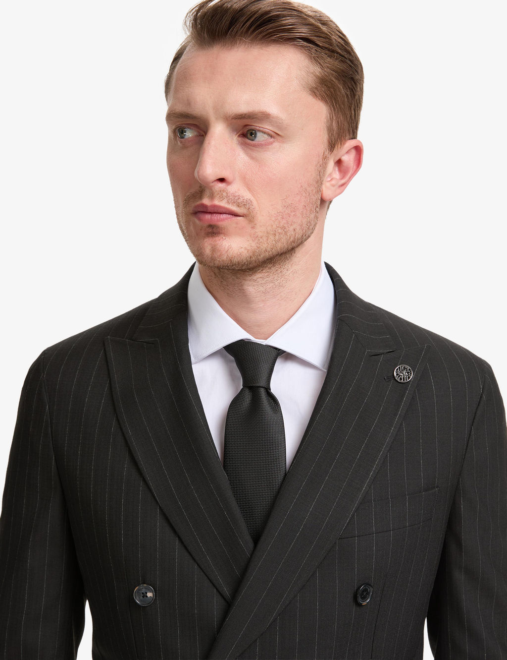 Siyah Ex. Slim Fit _izgili Kruvaze Tak_m Elbise