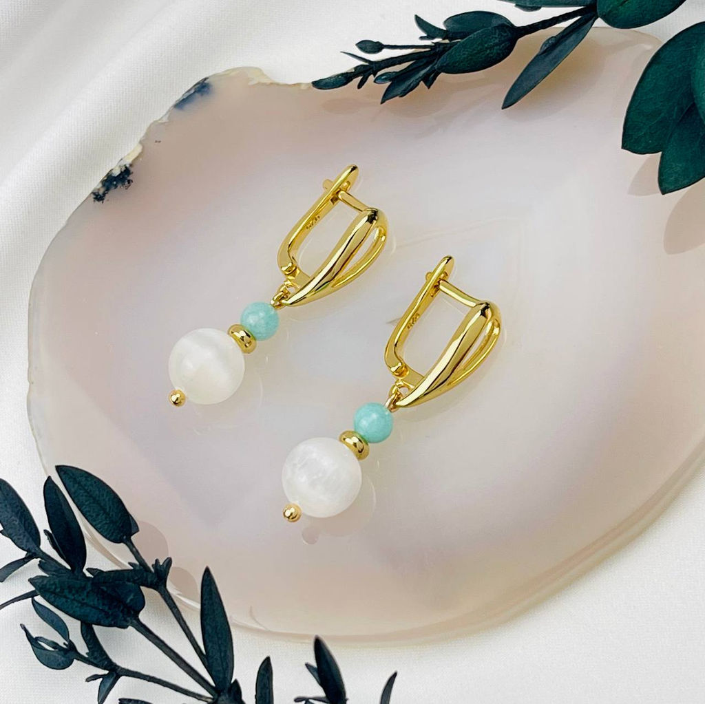 Серьги двойные из Селенита и Амазонита