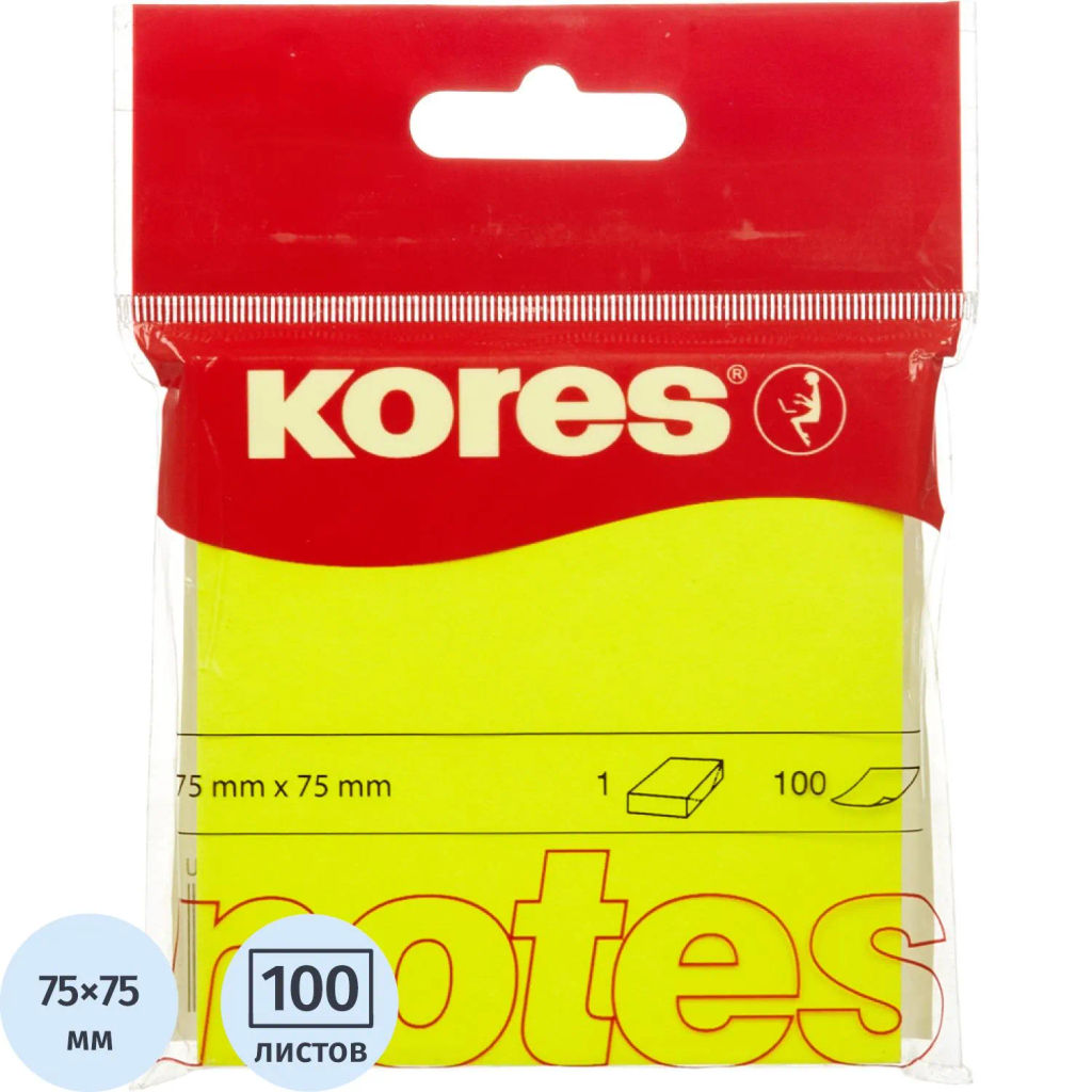 Стикеры Kores бум.для зам. 75х75 неоновая желтая 100л. '47076  фото 2