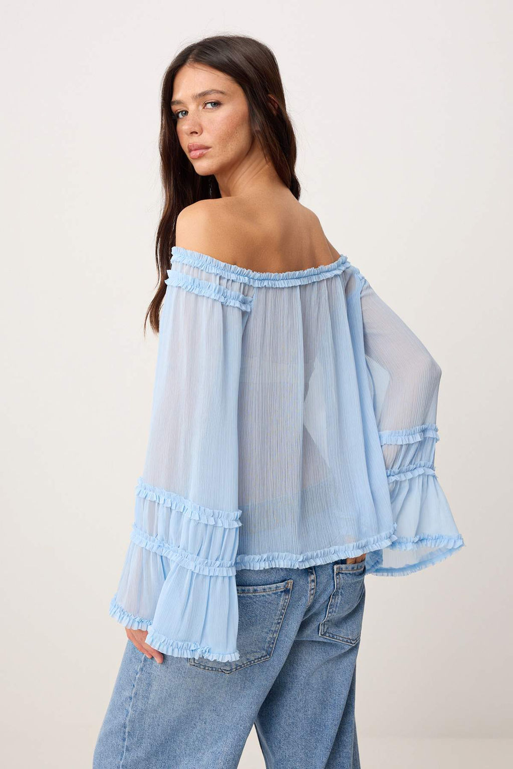 Ac?k Mavi Standart Beden F?rf?r Detayl? Transparan Dokuma Bluz TWOSS26BZ00490 - Trendyolmilla фото 4
