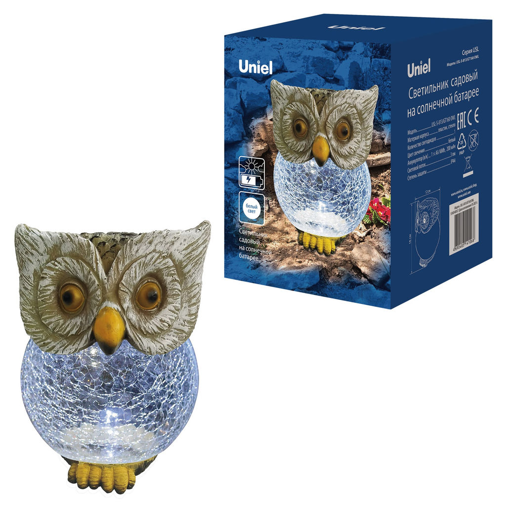 USL-S-813/GT160 OWL Садовый светильник на солнечной батарее Сова. 1 светодиод. Белый свет. 1*АА Ni-Mh аккумулятор в/к. IP44. TM Uniel - Volpe фото 9