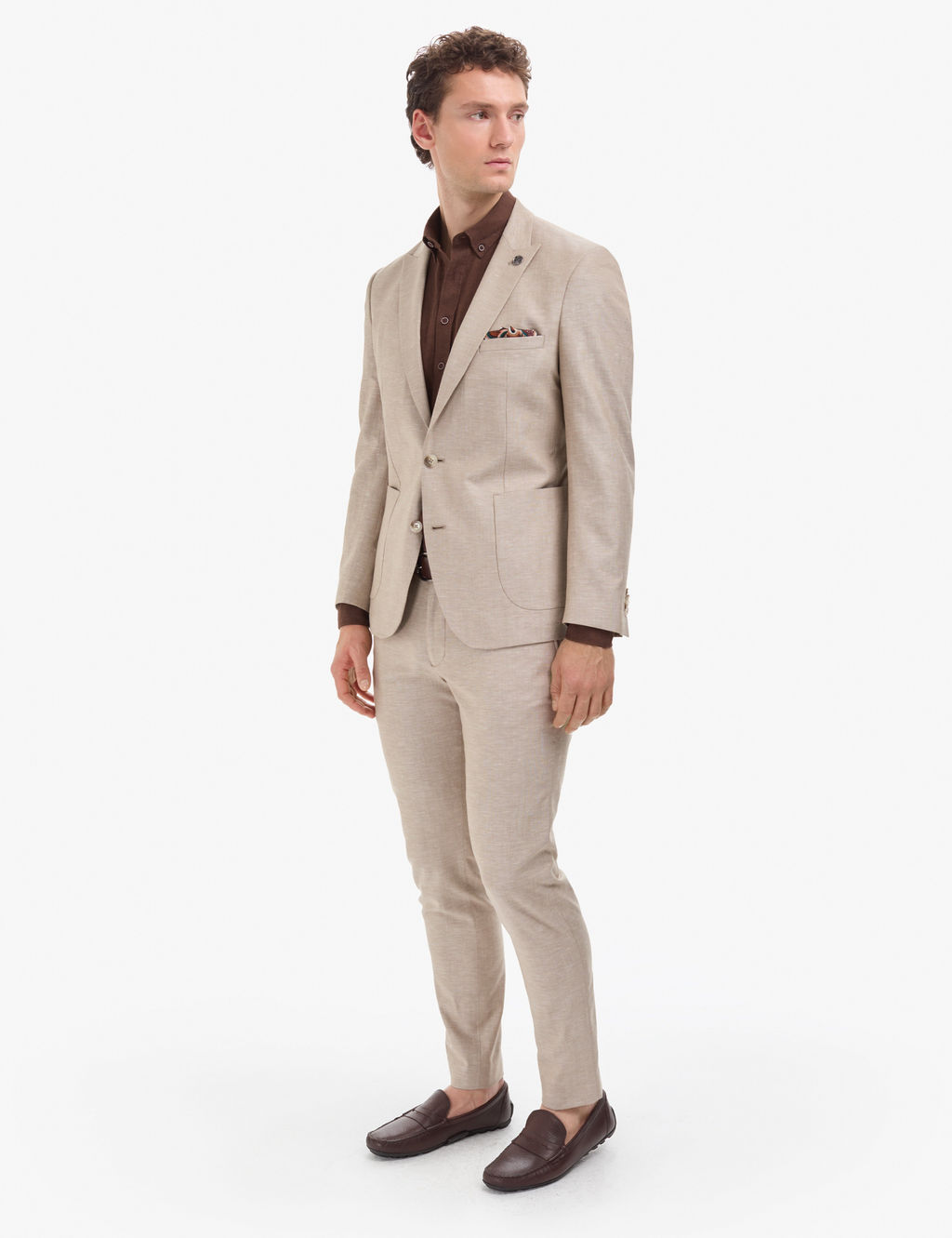 A__k Kahverengi Extra Slim Fit Keten Kar___ml_ Tak_m Elbise