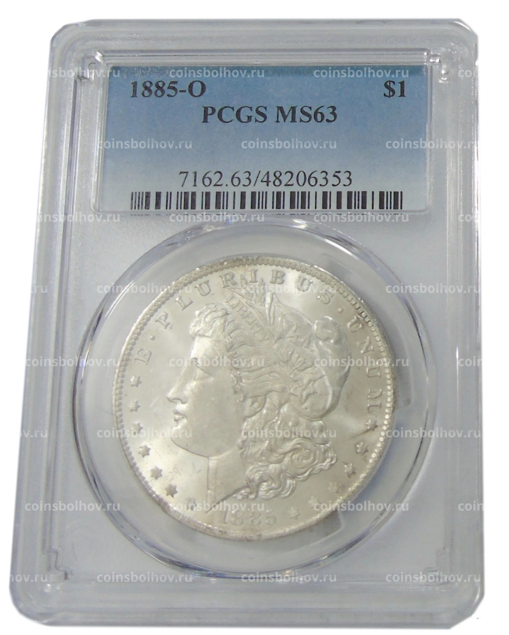 1 доллар 1885 года O США Доллар Моргана (в слабе PCGS MS 63)
