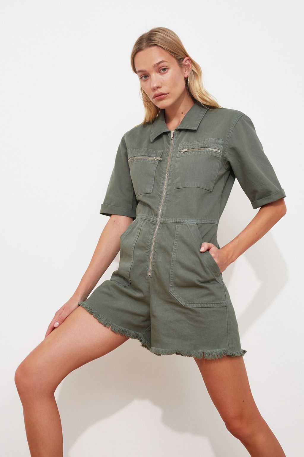 TRENDYOLMILLA Haki Beli Lastikli Denim Sort Tulum TWOSS20TU0122 фото 3