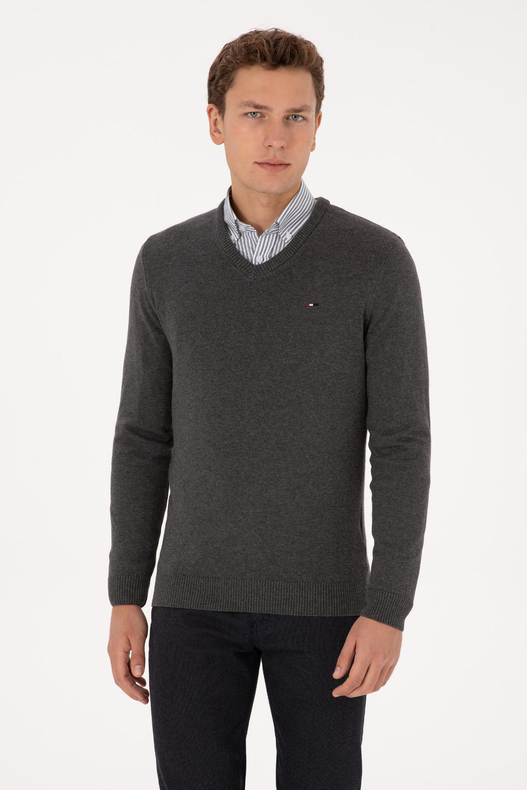 Erkek Slim Fit V Yaka Antrasit Melanj Basic Kazak - U.s. polo assn фото 3