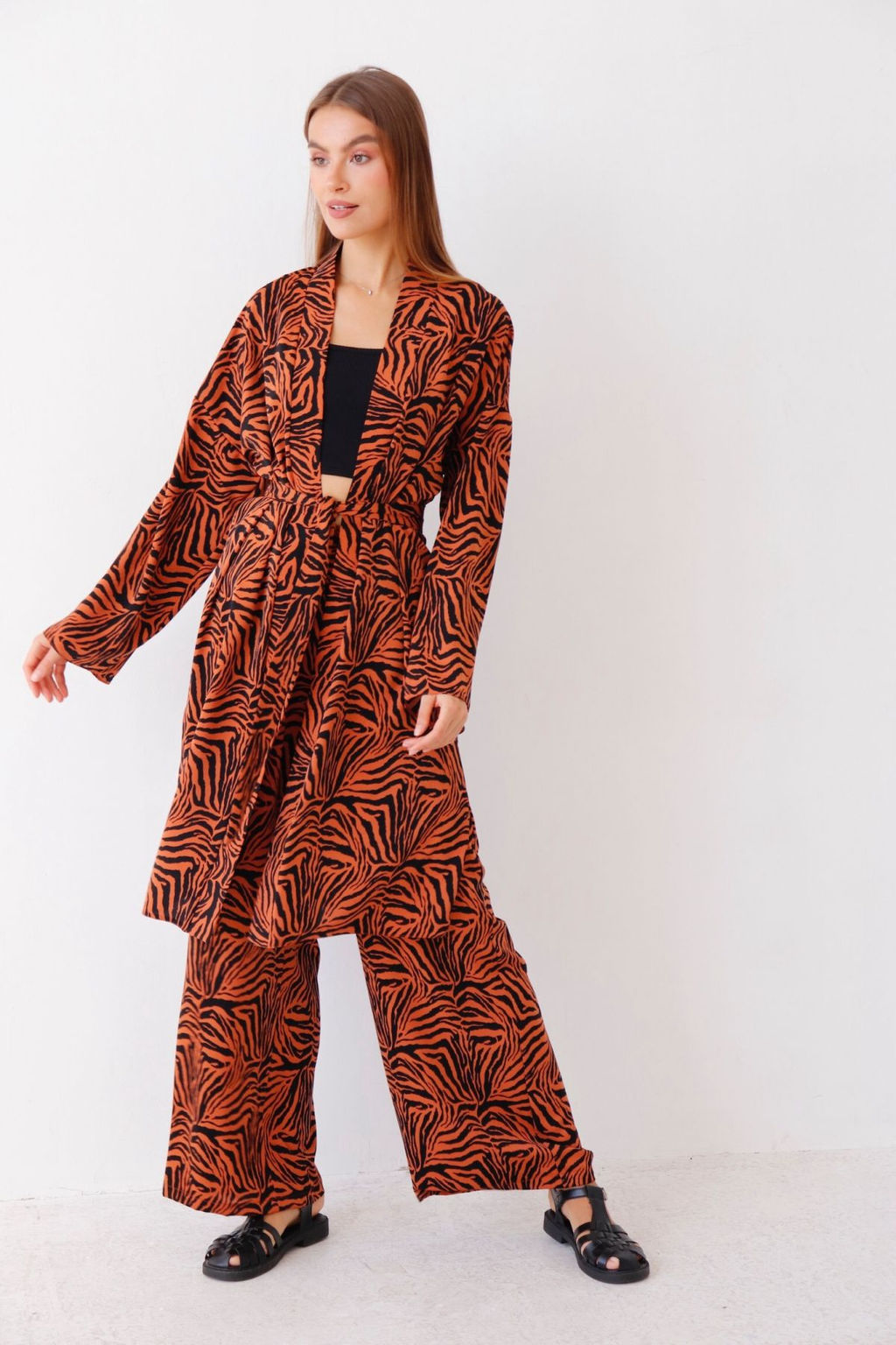9338 Костюм из кимоно и брюк-палаццо терракотовый с принтом - Martichelli фото 14