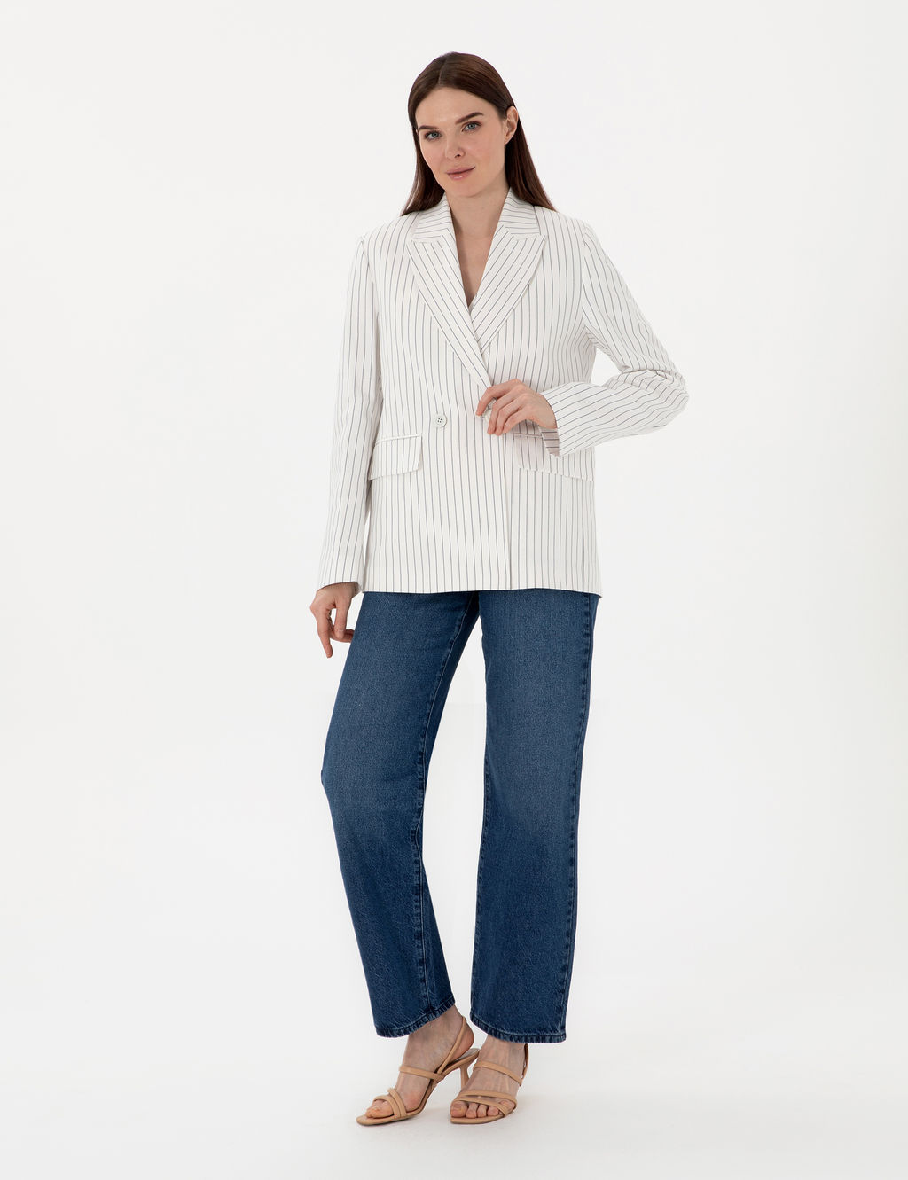 Ekru Keten Kar___ml_ Comfort Fit Kruvaze Ceket