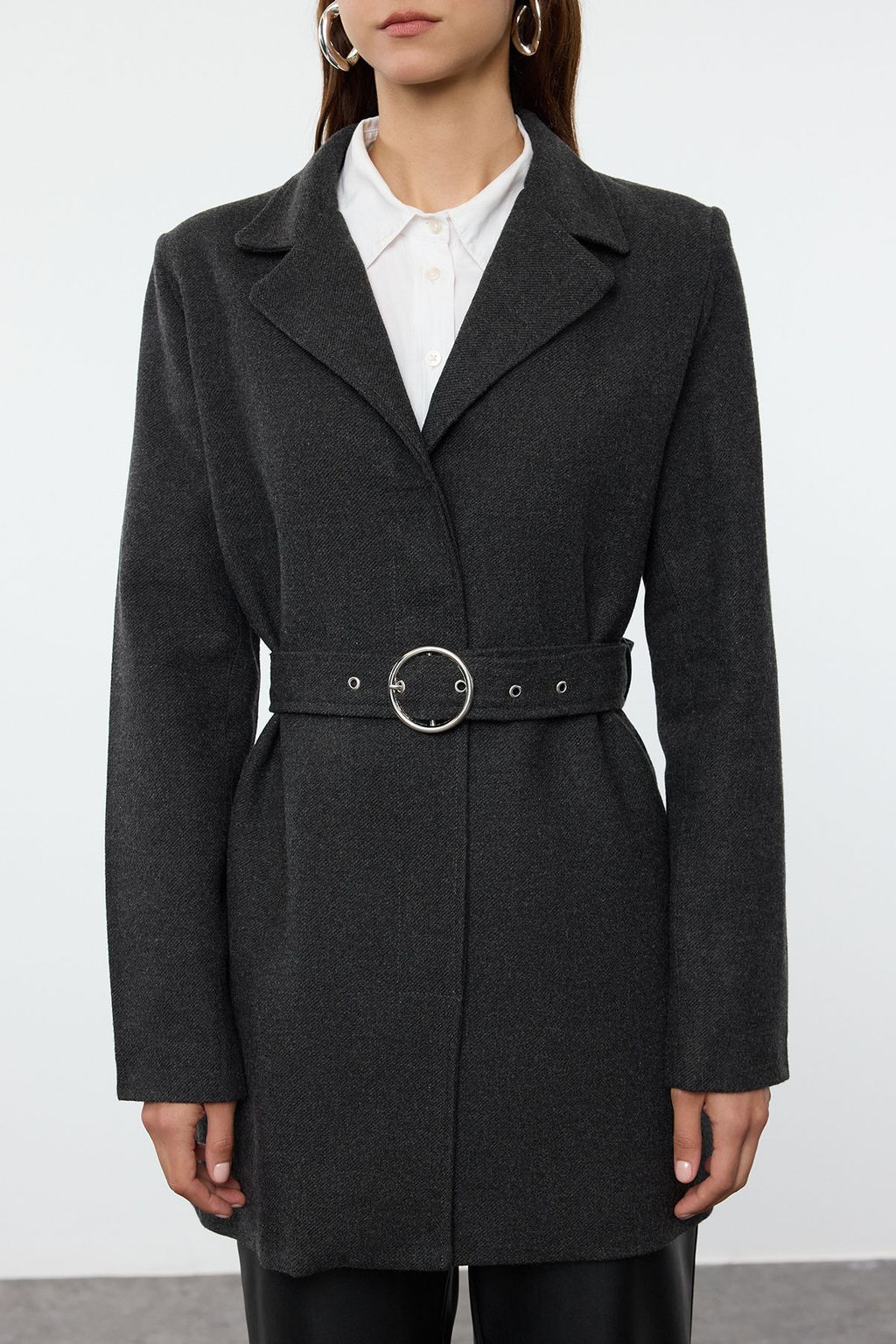 Antrasit Fitted Kemerli Yunlu Midi Kaban TWOAW25KB00071