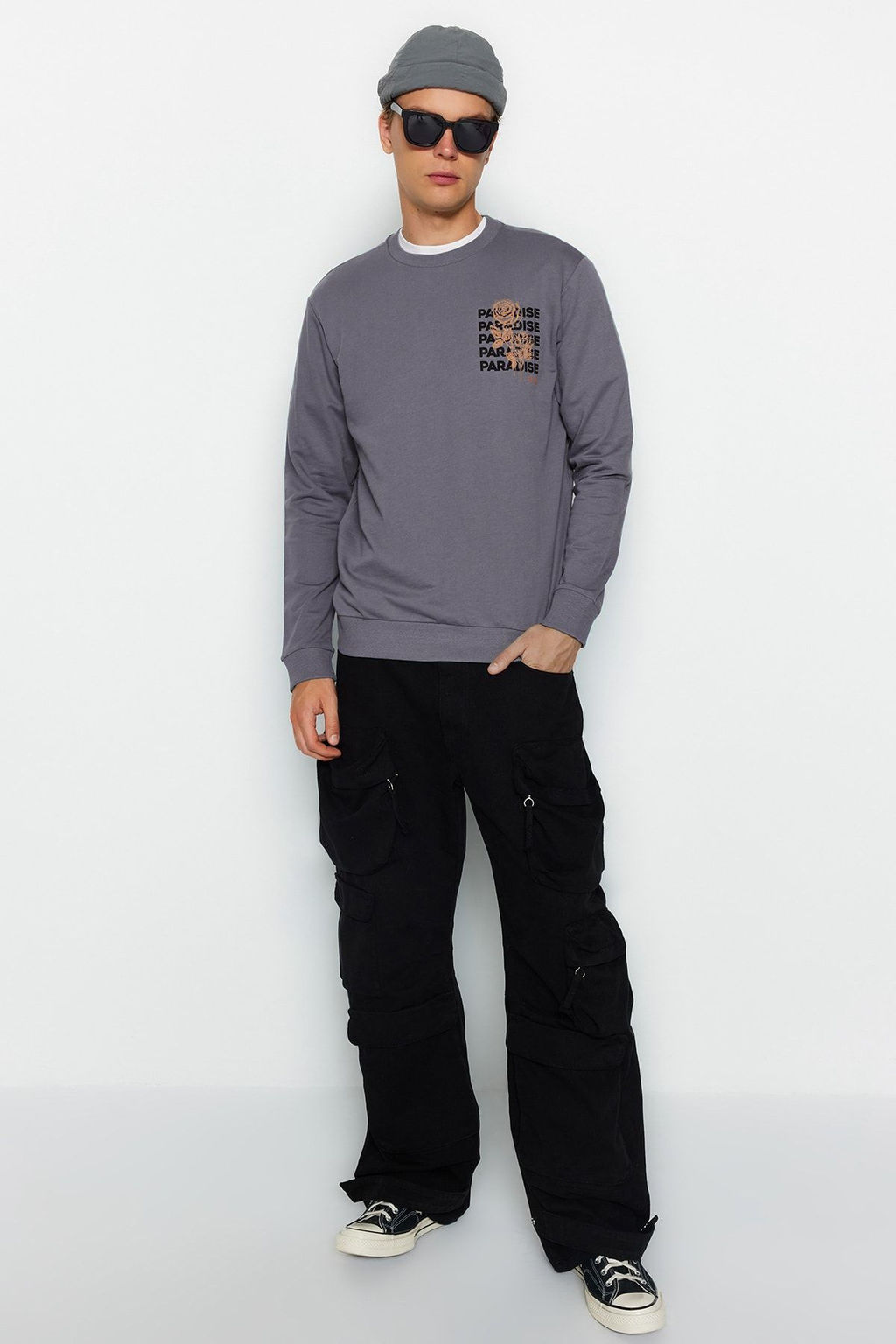 Antrasit Erkek Regular/Normal Kesim Uzun Kollu Bisiklet Yaka Bask?l? Sweatshirt TMNAW22SW0572