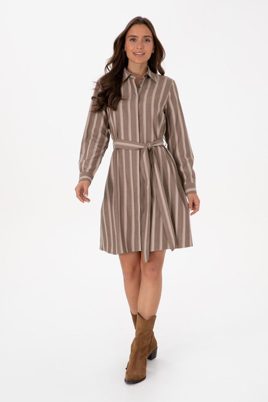 Kad_n Kahverengi _izgili Kemerli Dokuma Elbise - U.s. polo assn фото 3