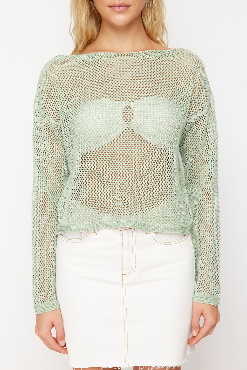 Mint Simli Kay?k Yaka Ajurlu/Delikli Triko Kazak TWOSS24KZ00025 - Trendyolmilla фото 6