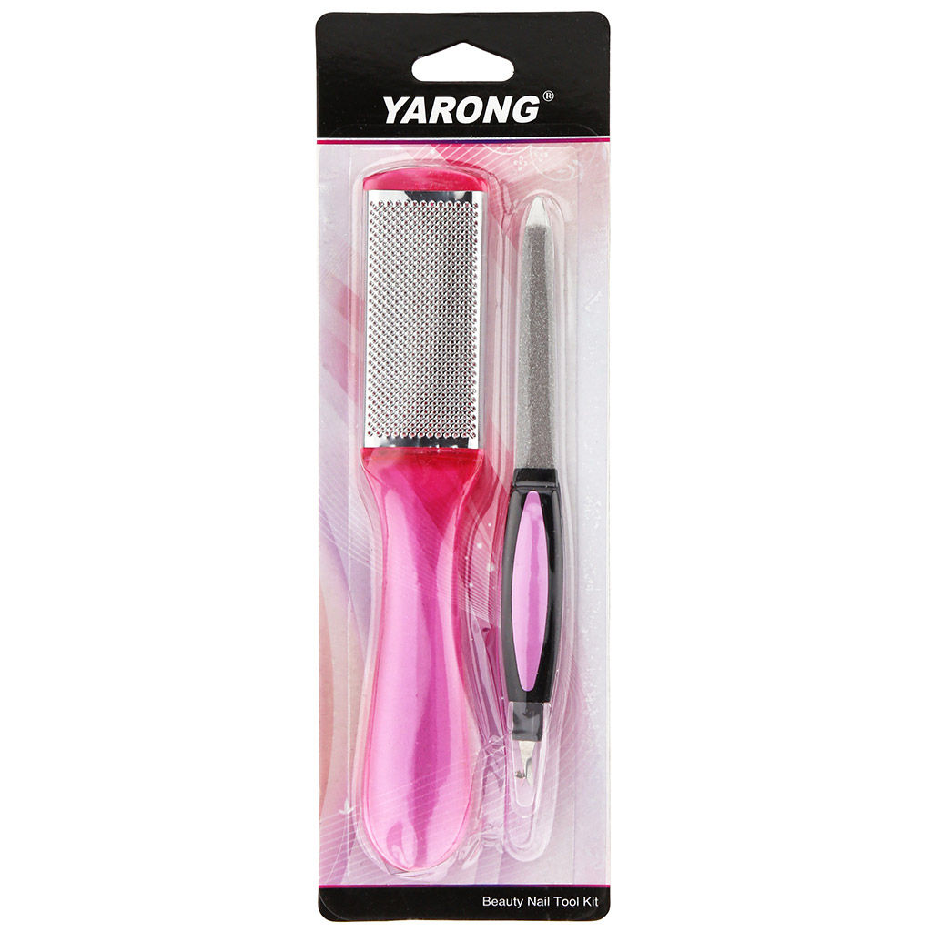 Педикюрный набор 2 предмета: пилка металлическая с триммером; терка двусторонняя: наждачная, металлическая, цвета в ассортименте: розовый, голубой, фиолетовый, в блистере (Китай) - Домашняя мода фото 2