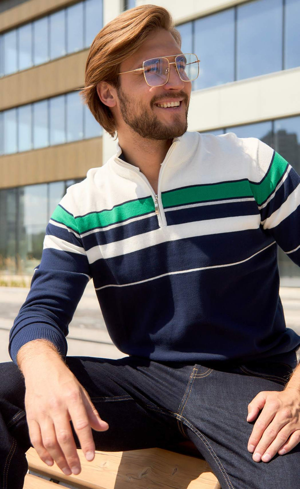 Джемпер мужской с воротом на молнии F221-15-1747 сине-зелёный