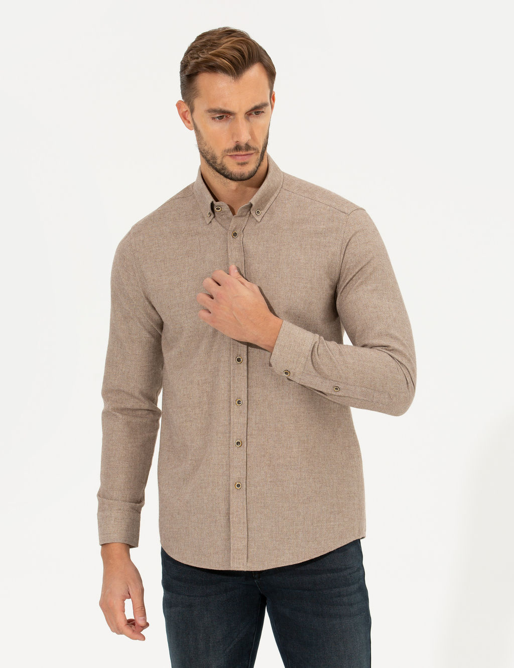 Bej Slim Fit Uzun Kollu G_mlek