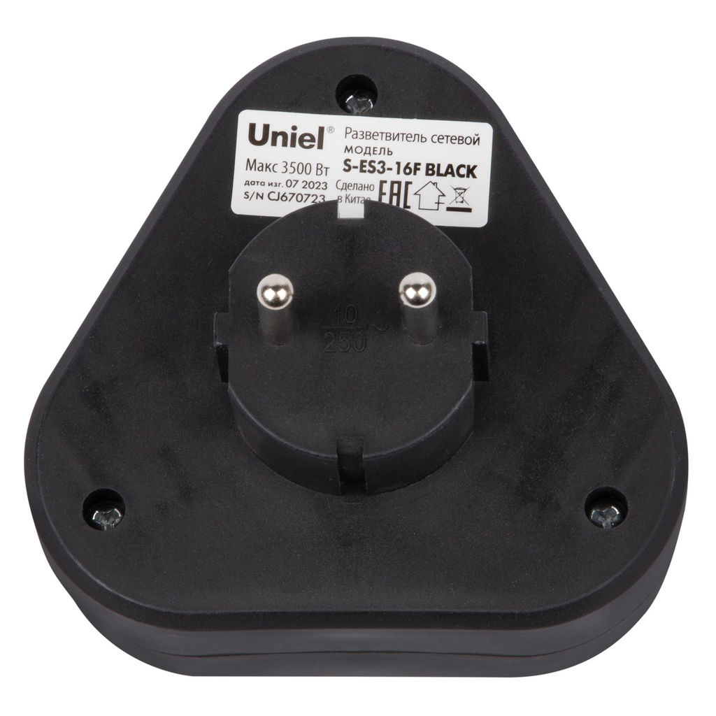 S-ES3-16F BLACK Разветвитель сетевой, б/з. 3 гнезда. 16А, 3500Вт. Черный. ТМ Uniel