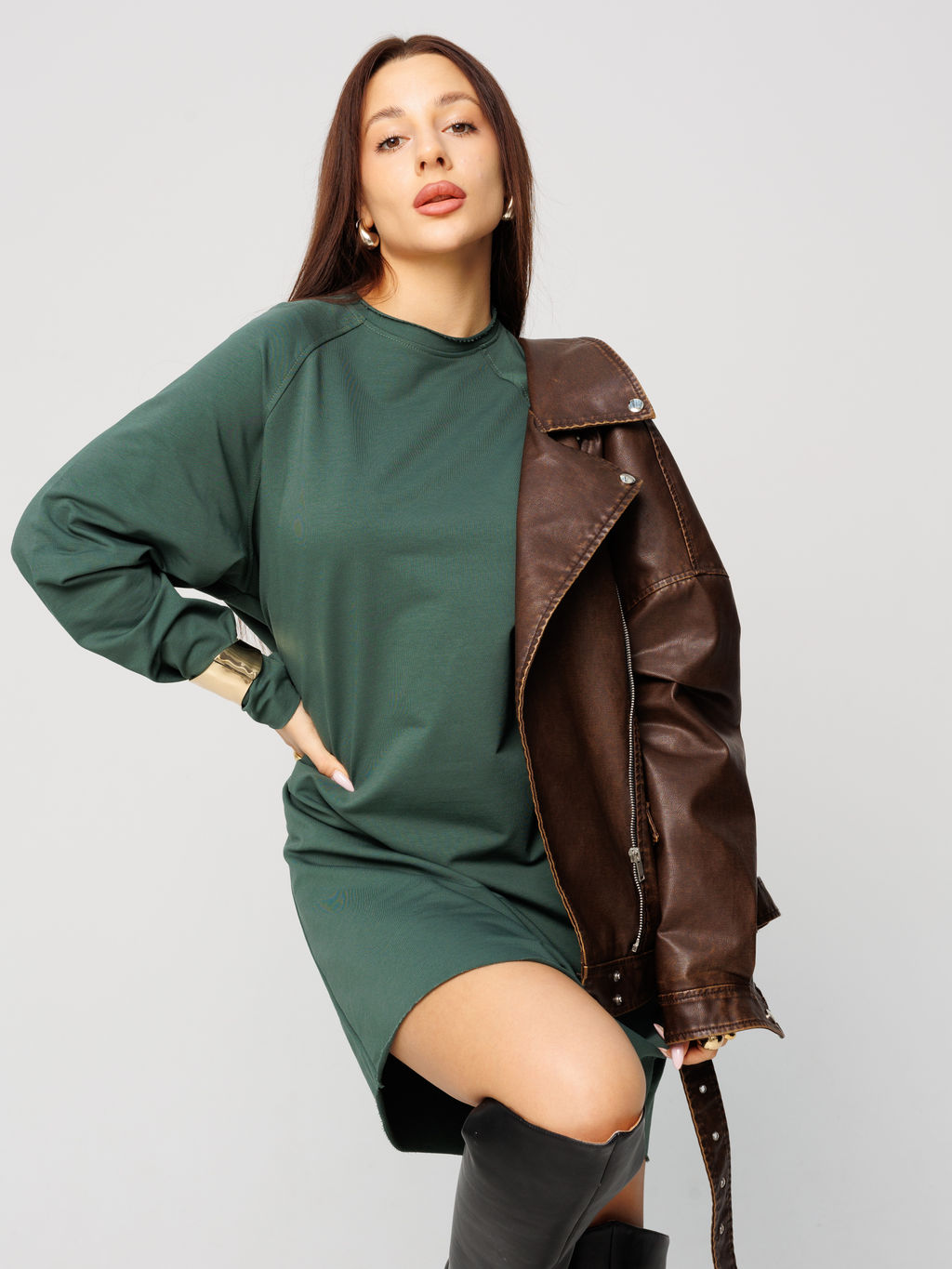 Женское платье с рукавом реглан из футера 2-х нитки хаки ВП-11 (53)