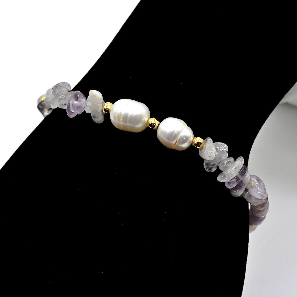 Браслет из крошки кунцита с жемчужинками, 17см