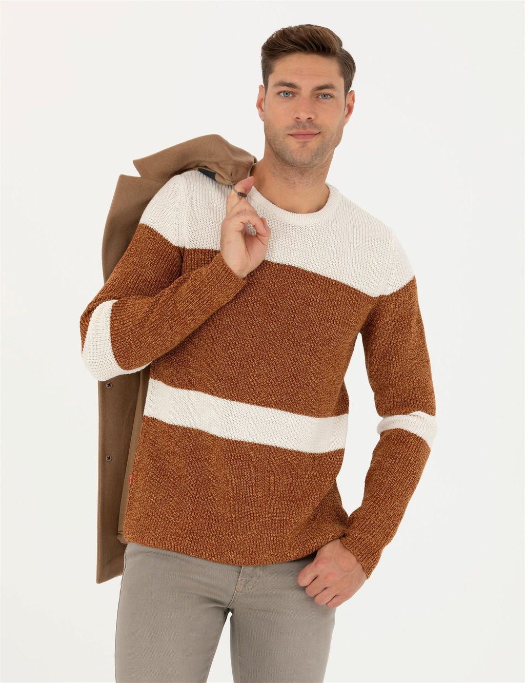 Bej Slim Fit Bisiklet Yaka Y_n Kar___ml_ Triko Kazak - Pierre cardin фото 3