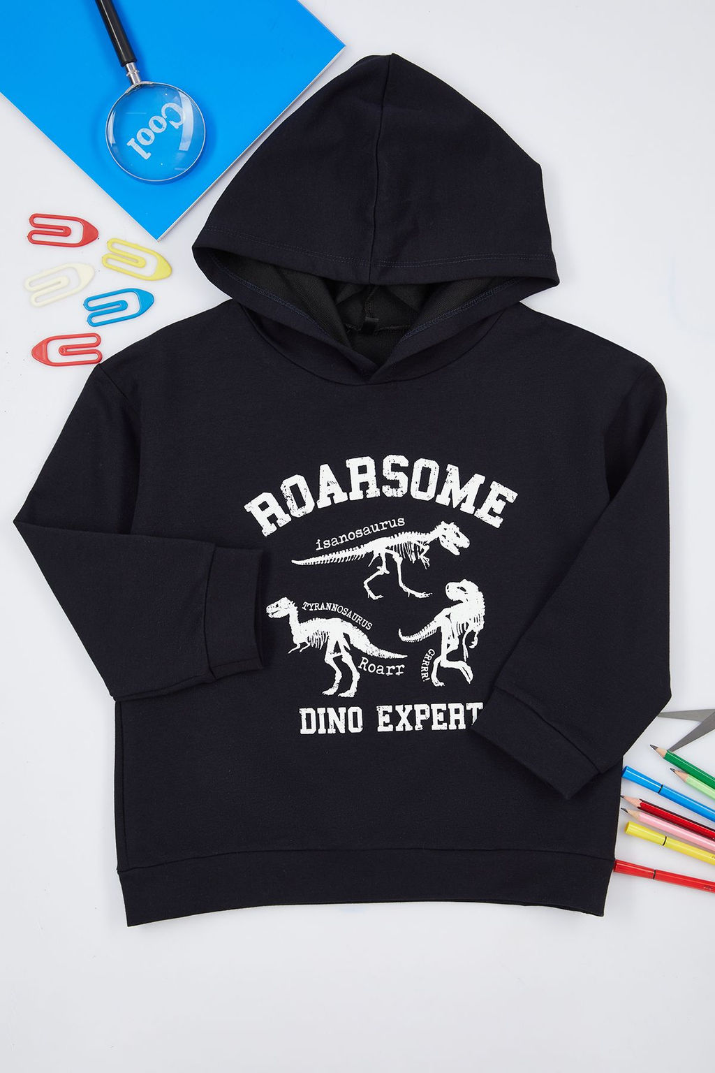 Gri Melanj Erkek Cocuk Mevsimlik-Ince Dinozor Desenli Kapusonlu Orme Sweatshirt TKDAW25SW00004 - Trendyolmilla фото 2