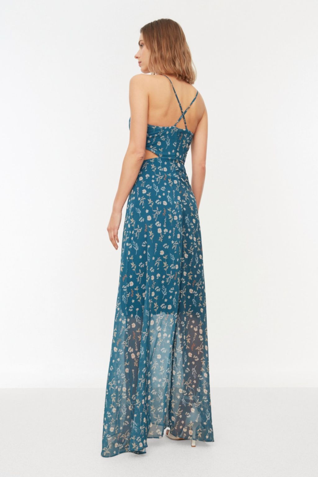 TRENDYOLMILLA Cok Renkli A Kesim Astarl? Pencere/Cut Out Detayl? Cicek Desenli Maxi Dokuma Elbise TWOSS20EL1270  фото 13