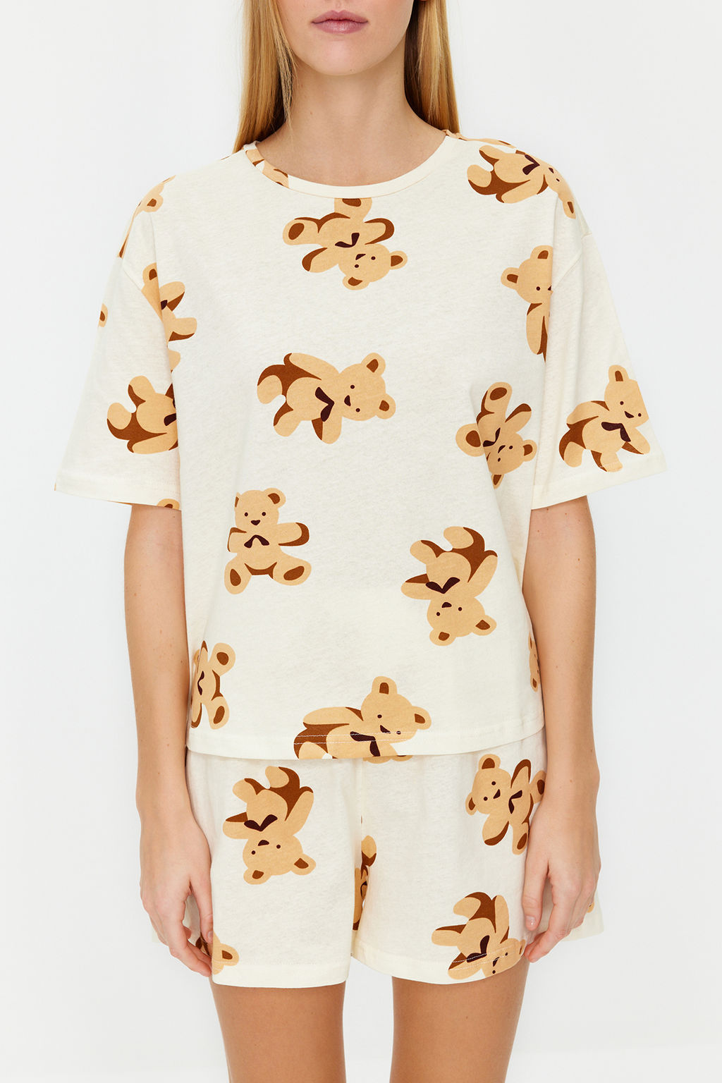 Ekru %100 Pamuklu Ay?c?kl? Sortlu Orme Pijama Tak?m? THMSS24PT00000