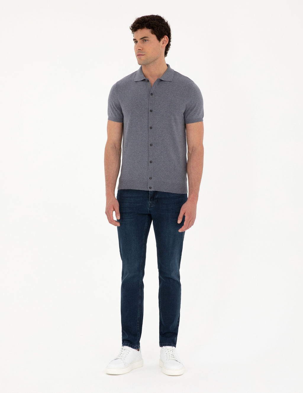 Koyu _ndigo Slim Fit D__meli Polo Yaka Keten Kar___ml_ Triko Ti__rt